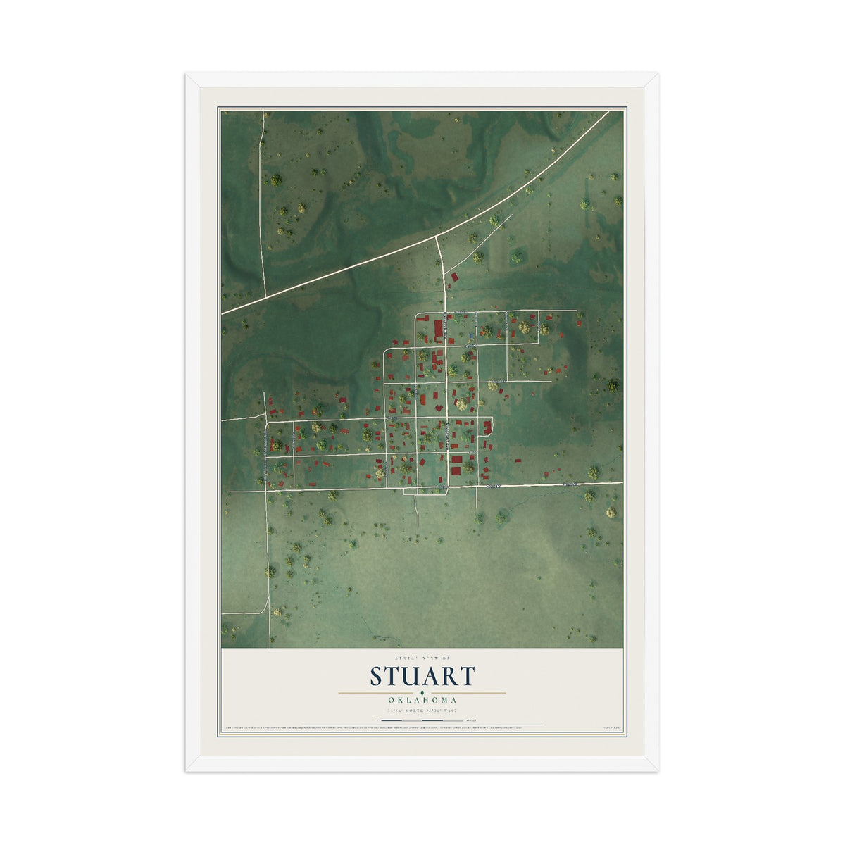 Map of Stuart, Oklahoma, 12 x 18 inch print in a white wood frame