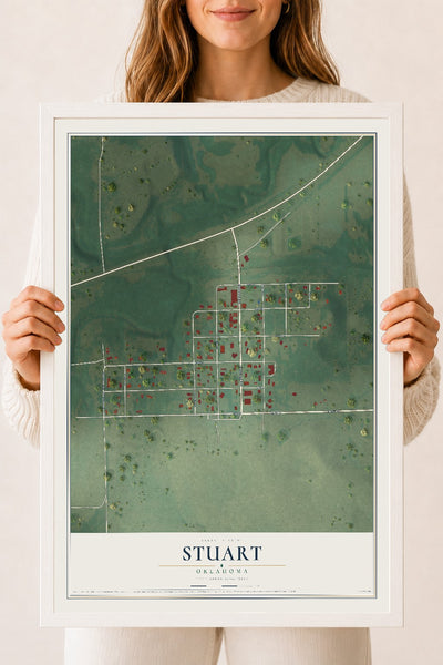 Map of Stuart, Oklahoma, 18 x 24 inch print in a white wood frame