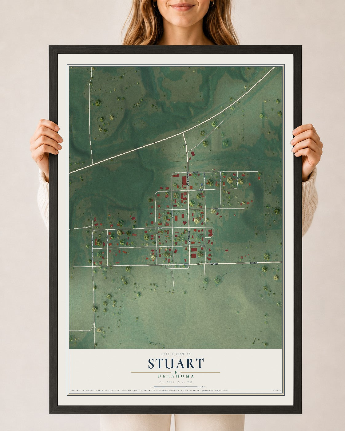 Map of Stuart, Oklahoma, 24 x 36 inch print in a black wood frame