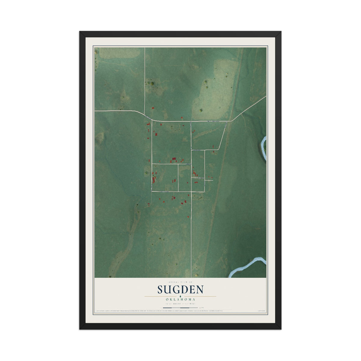 Map of Sugden, Oklahoma, 12 x 18 inch print in a black wood frame