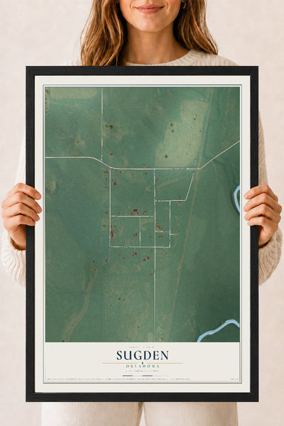 Map of Sugden, Oklahoma, 18 x 24 inch print in a black wood frame