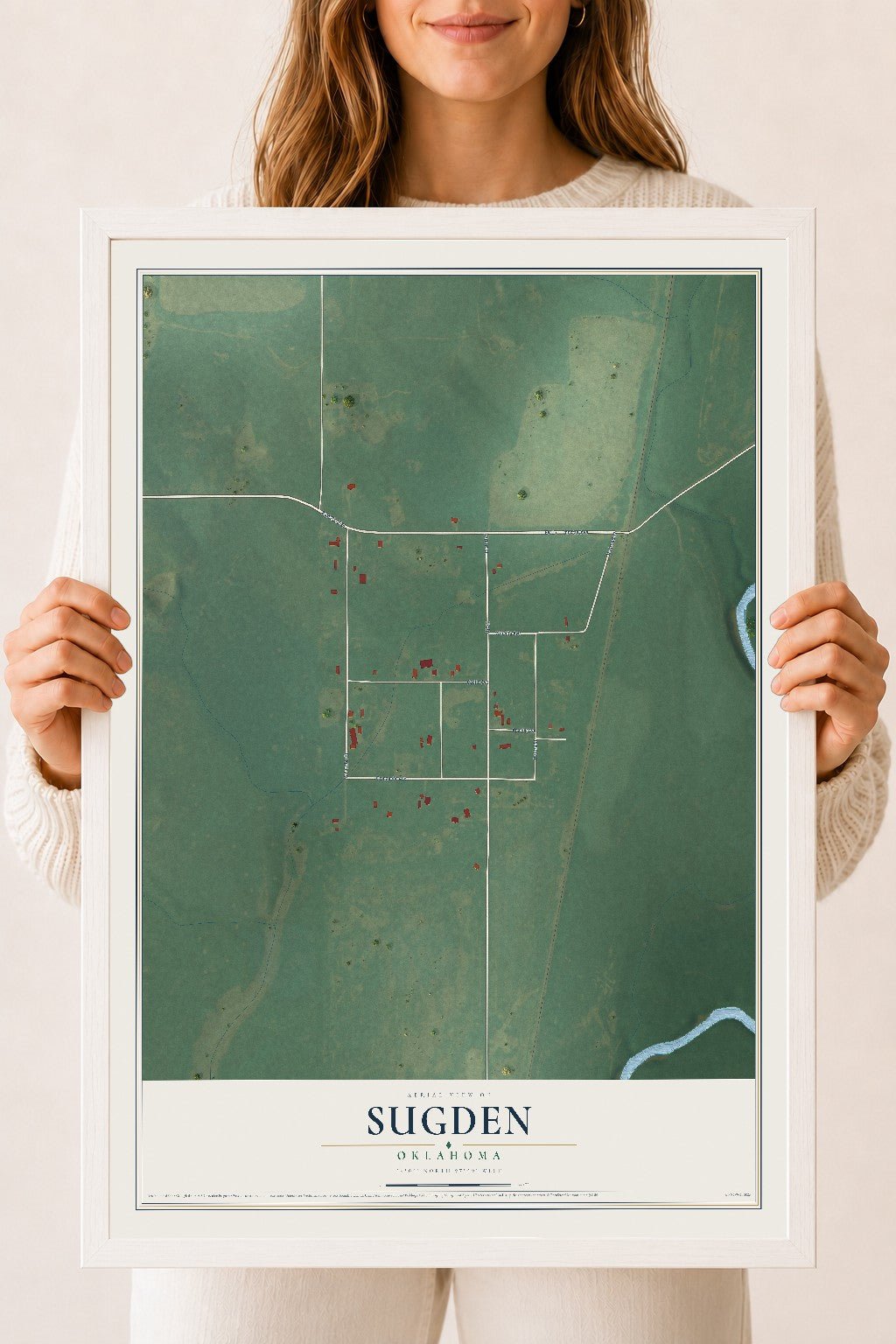 Map of Sugden, Oklahoma, 18 x 24 inch print in a white wood frame
