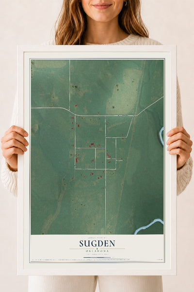 Map of Sugden, Oklahoma, 18 x 24 inch print in a white wood frame