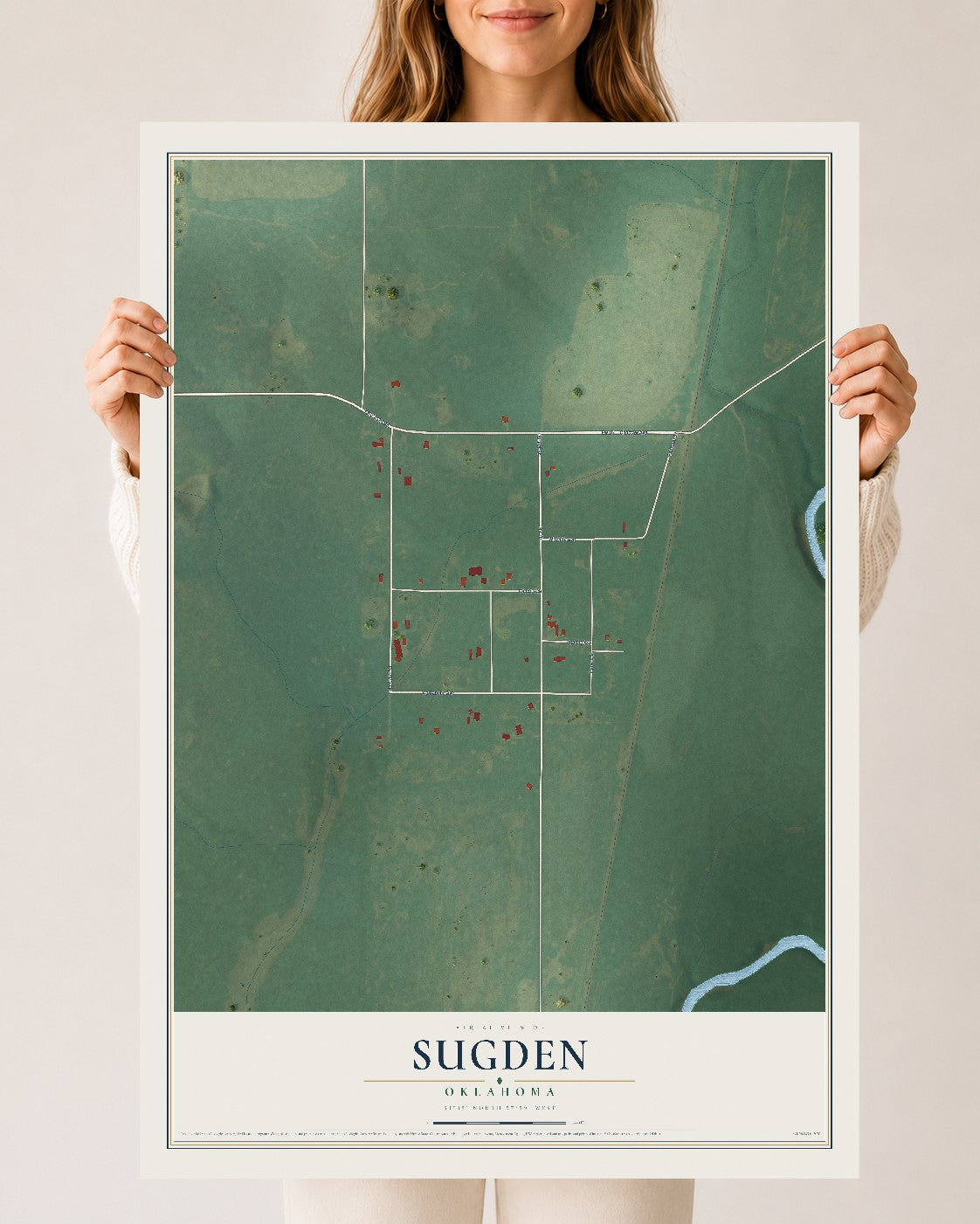 Map of Sugden, Oklahoma, 24 x 36 inch unframed archival matte print