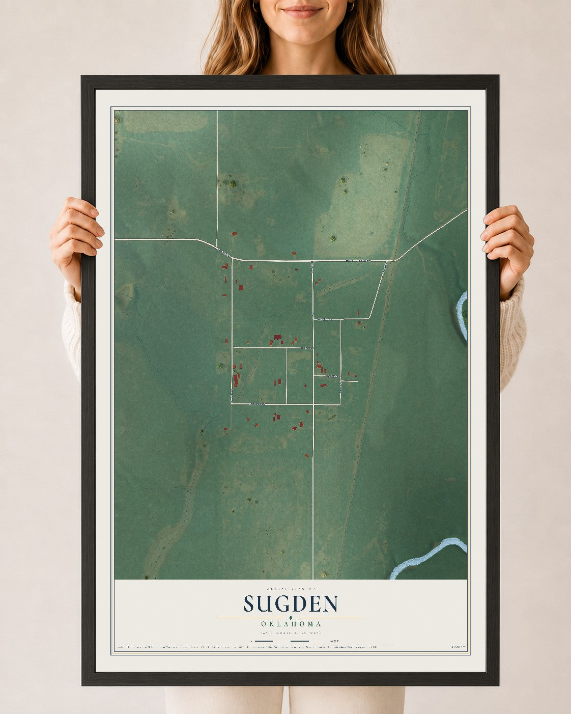 Map of Sugden, Oklahoma, 24 x 36 inch print in a black wood frame