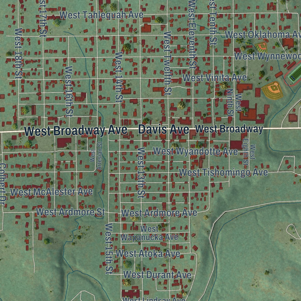 Close-up of the map of Sulphur, Oklahoma print showing street and building detail