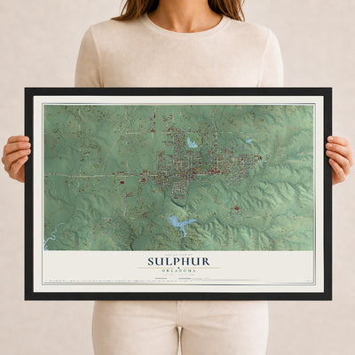 Map of Sulphur, Oklahoma, 12 x 18 inch print in a black wood frame