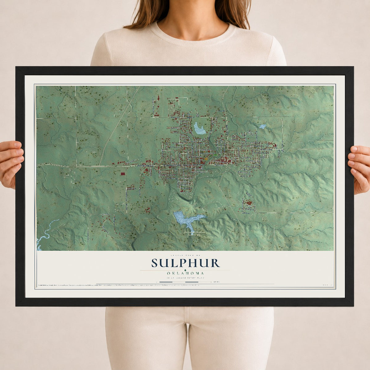 Map of Sulphur, Oklahoma, 18 x 24 inch print in a black wood frame