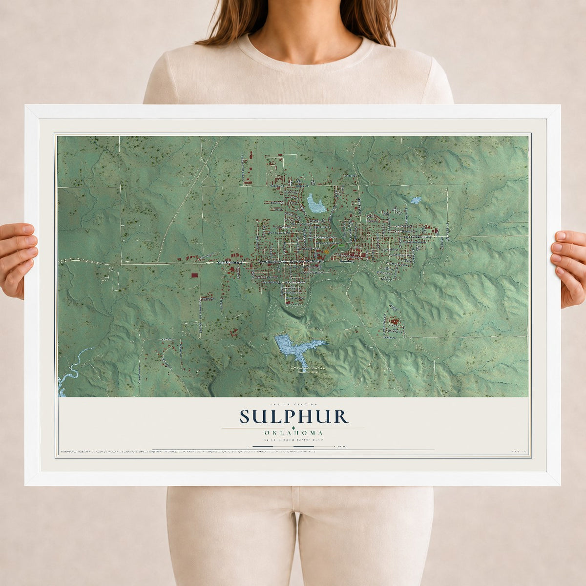 Map of Sulphur, Oklahoma, 18 x 24 inch print in a white wood frame