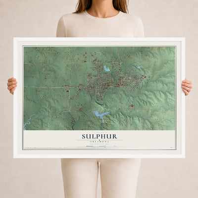 Map of Sulphur, Oklahoma, 24 x 36 inch print in a white wood frame