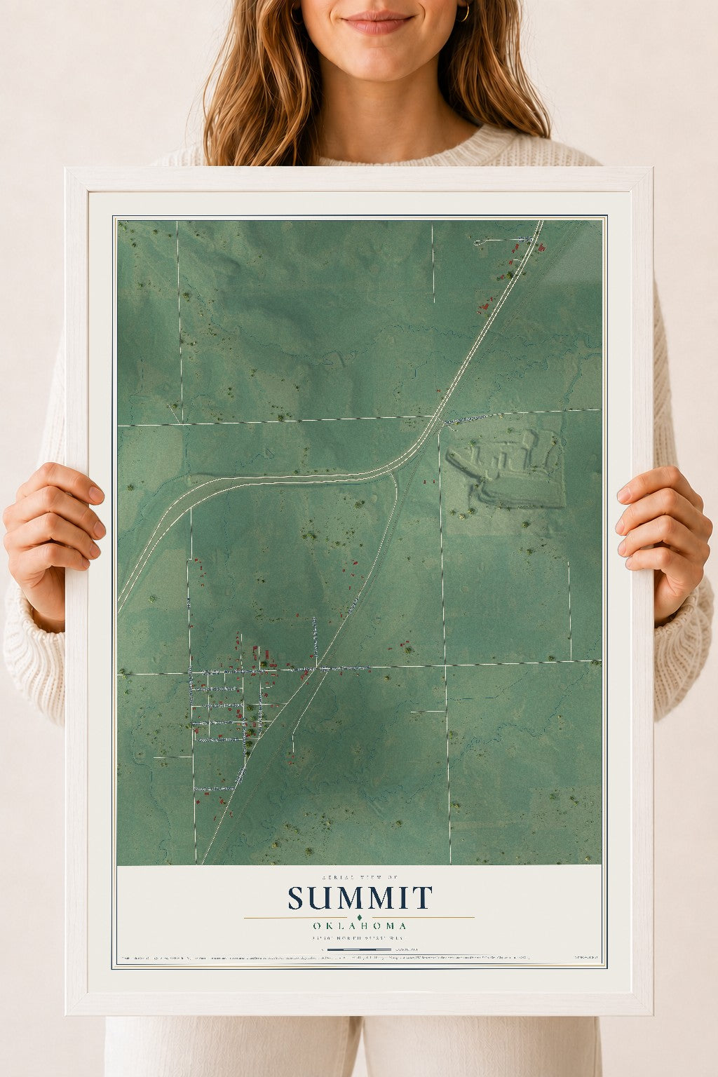Map of Summit, Oklahoma, 18 x 24 inch print in a white wood frame