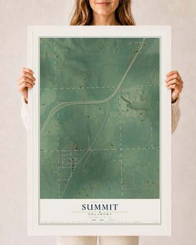 Map of Summit, Oklahoma, 24 x 36 inch print in a white wood frame