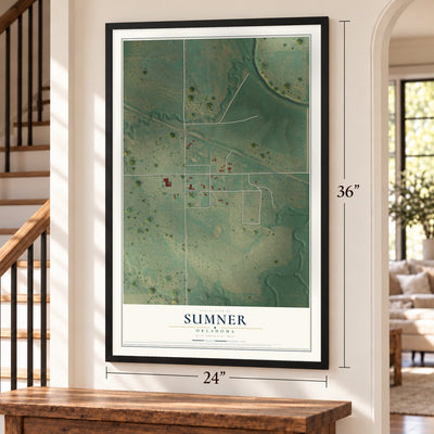 Sumner, Oklahoma map, 24 x 36 inch print in a black frame by a staircase