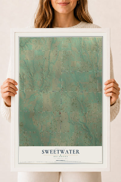 Map of Sweetwater, Oklahoma, 18 x 24 inch print in a white wood frame