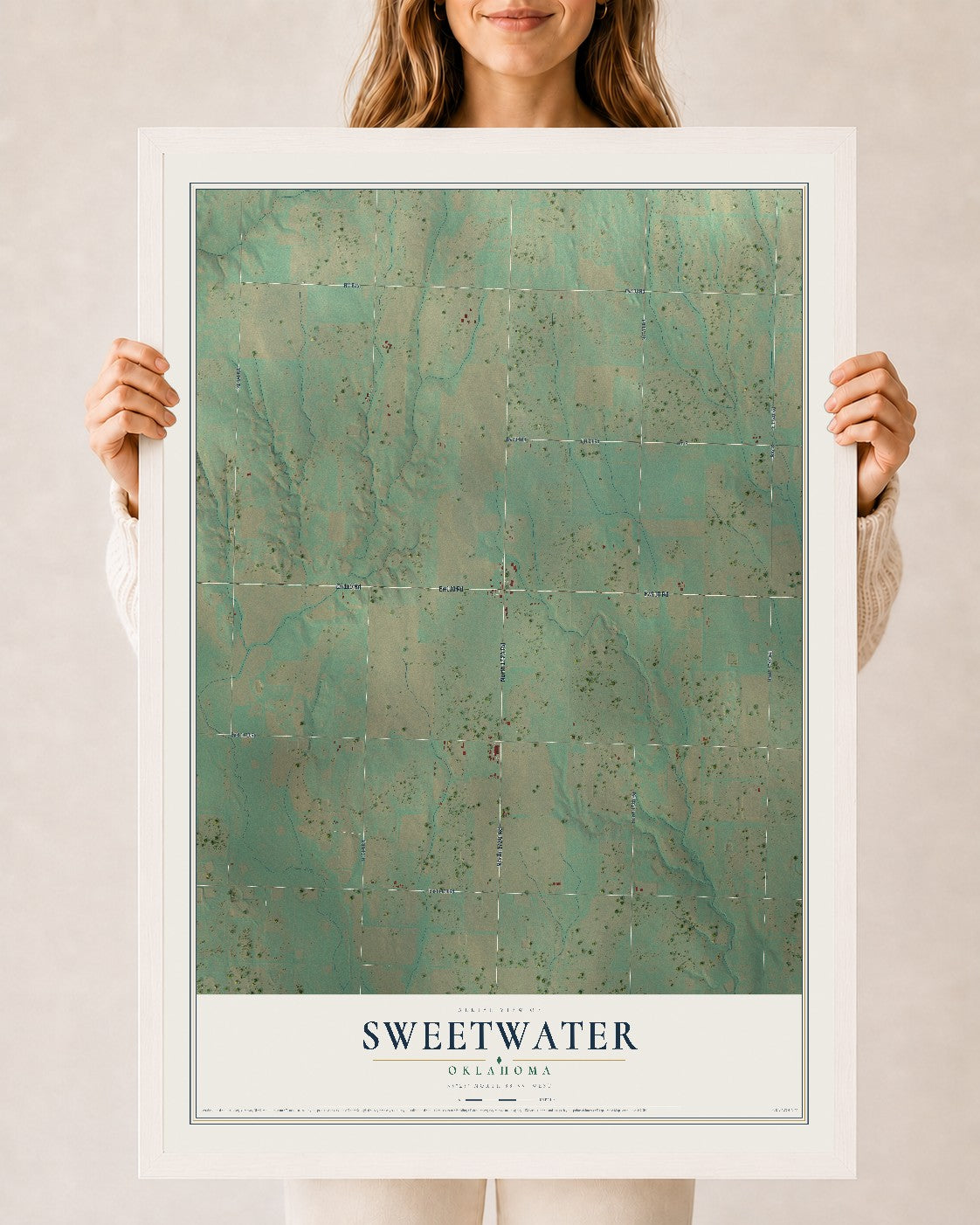 Map of Sweetwater, Oklahoma, 24 x 36 inch print in a white wood frame