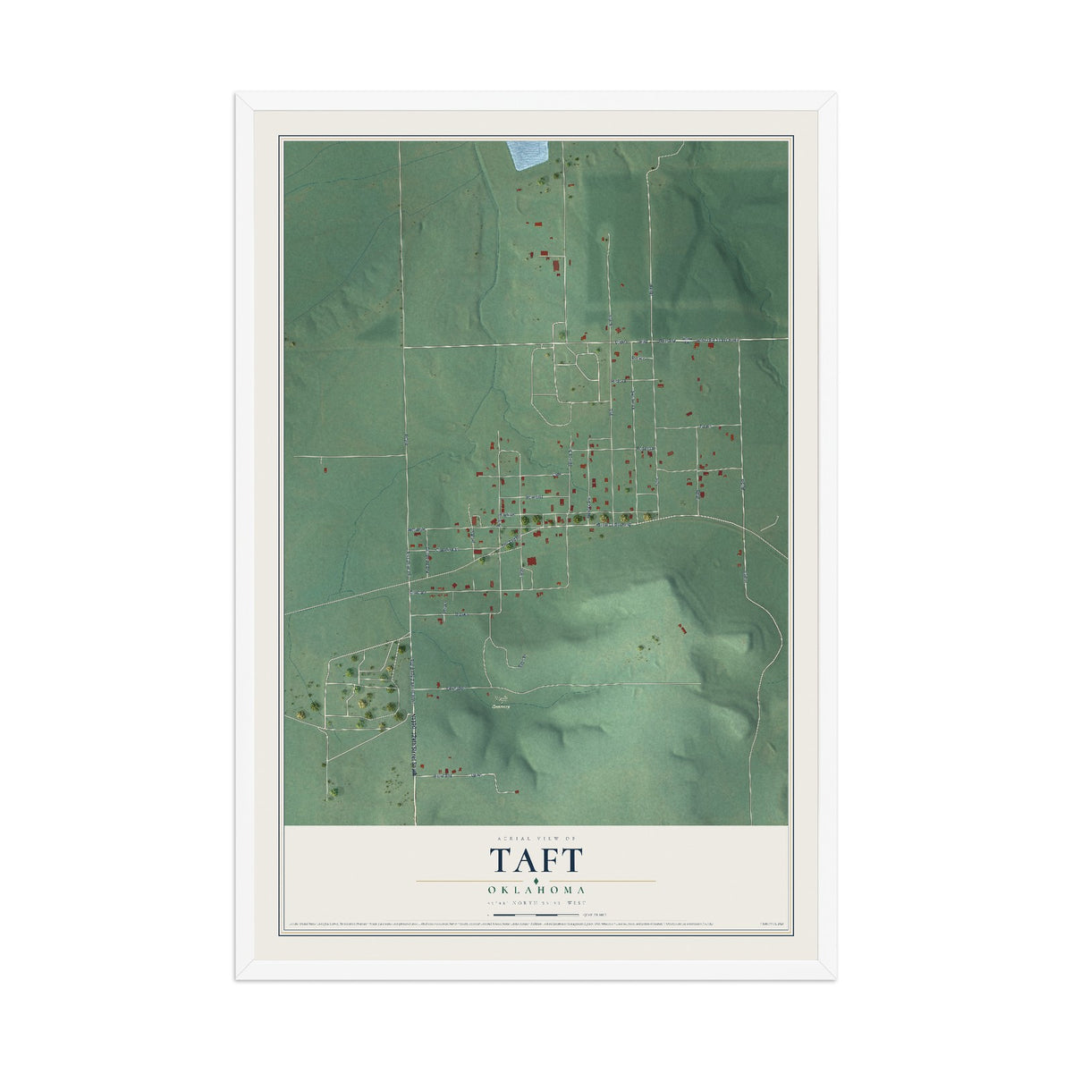 Map of Taft, Oklahoma, 12 x 18 inch print in a white wood frame