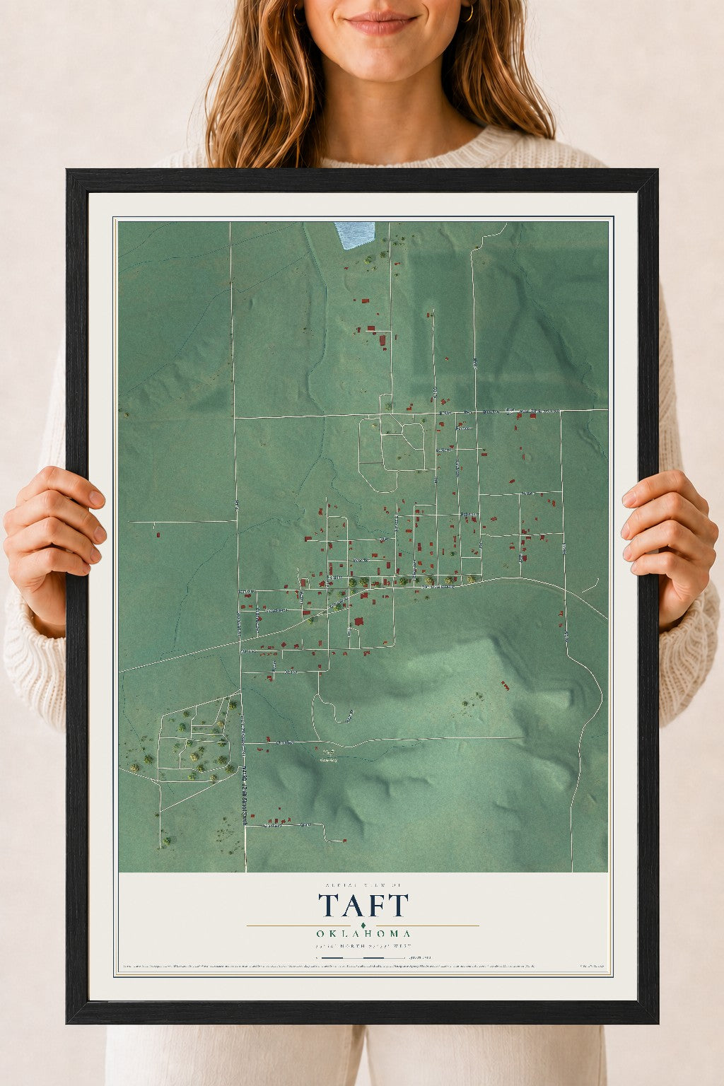Map of Taft, Oklahoma, 18 x 24 inch print in a black wood frame