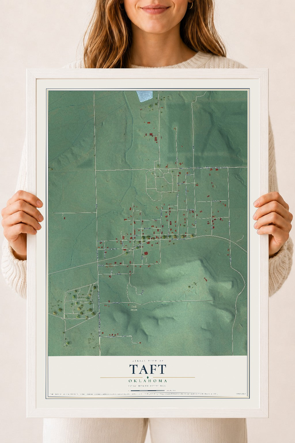 Map of Taft, Oklahoma, 18 x 24 inch print in a white wood frame