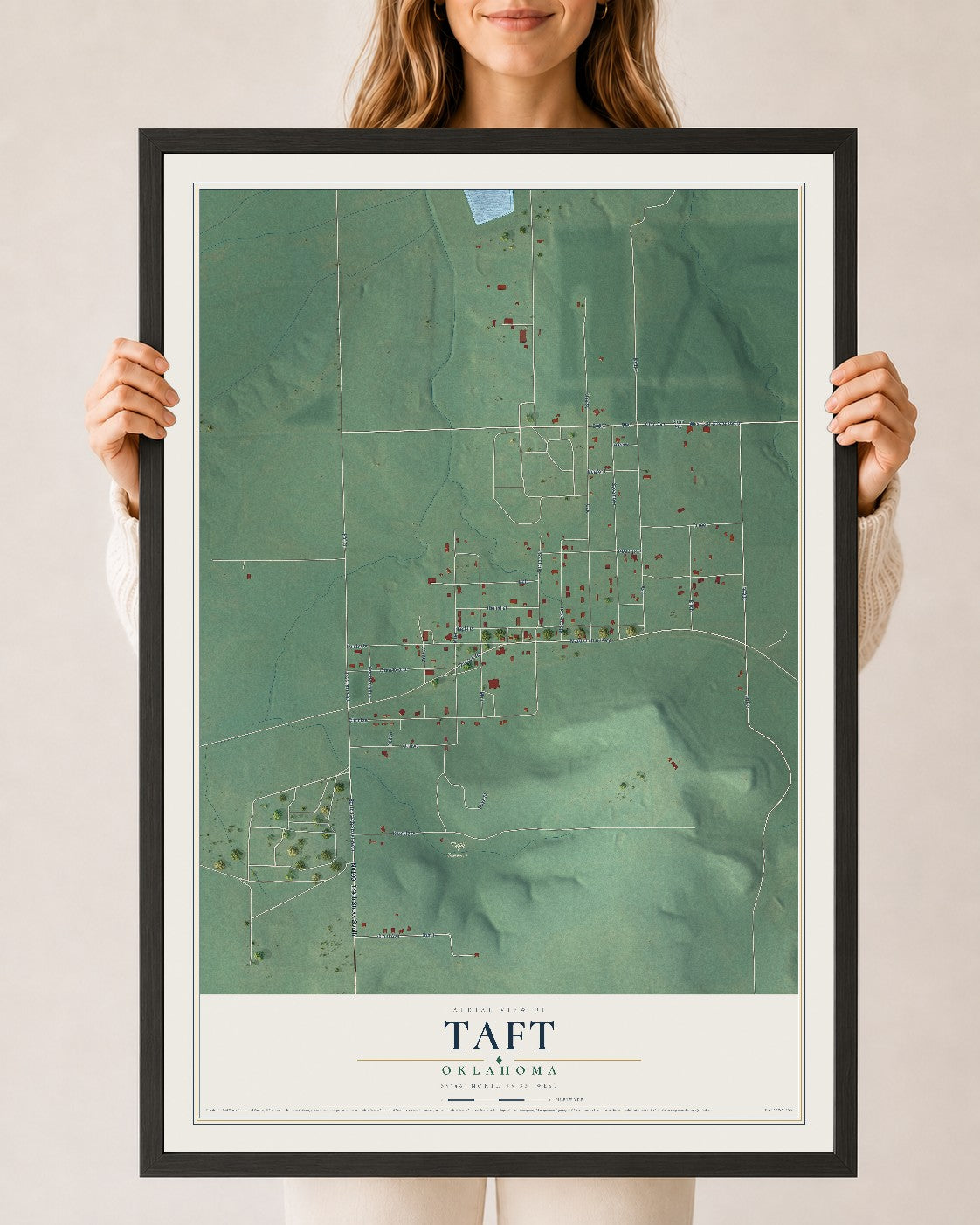 Map of Taft, Oklahoma, 24 x 36 inch print in a black wood frame