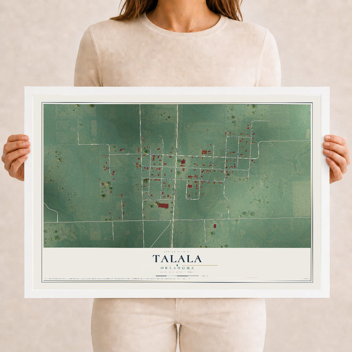 Map of Talala, Oklahoma, 12 x 18 inch print in a white wood frame