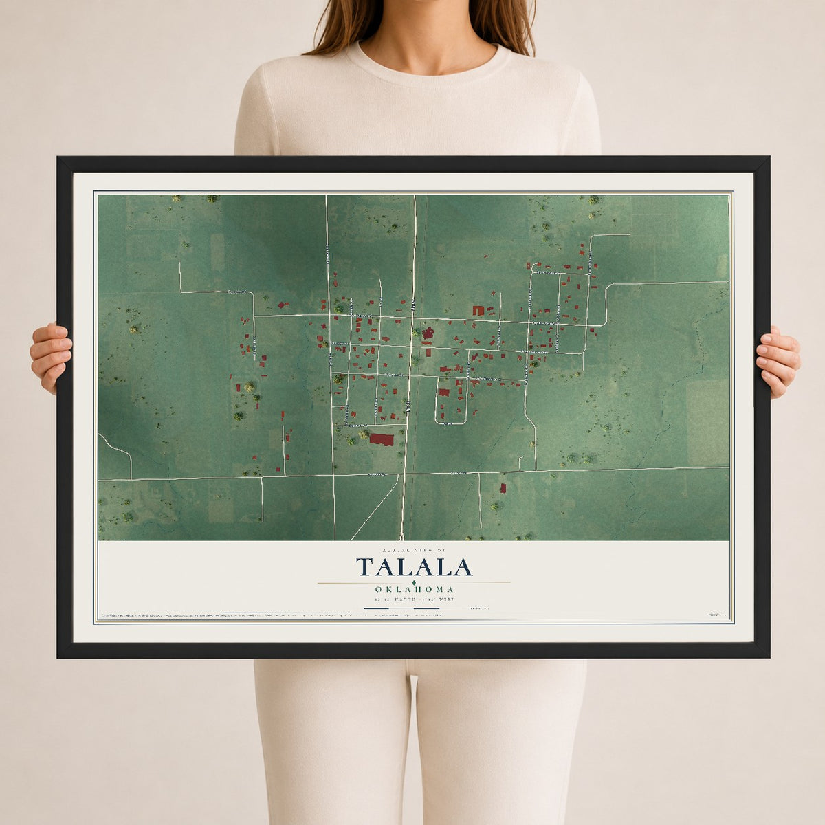 Map of Talala, Oklahoma, 24 x 36 inch print in a black wood frame