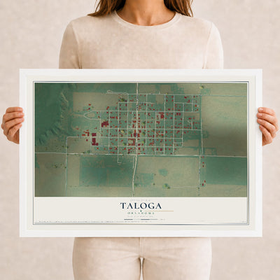 Map of Taloga, Oklahoma, 12 x 18 inch print in a white wood frame