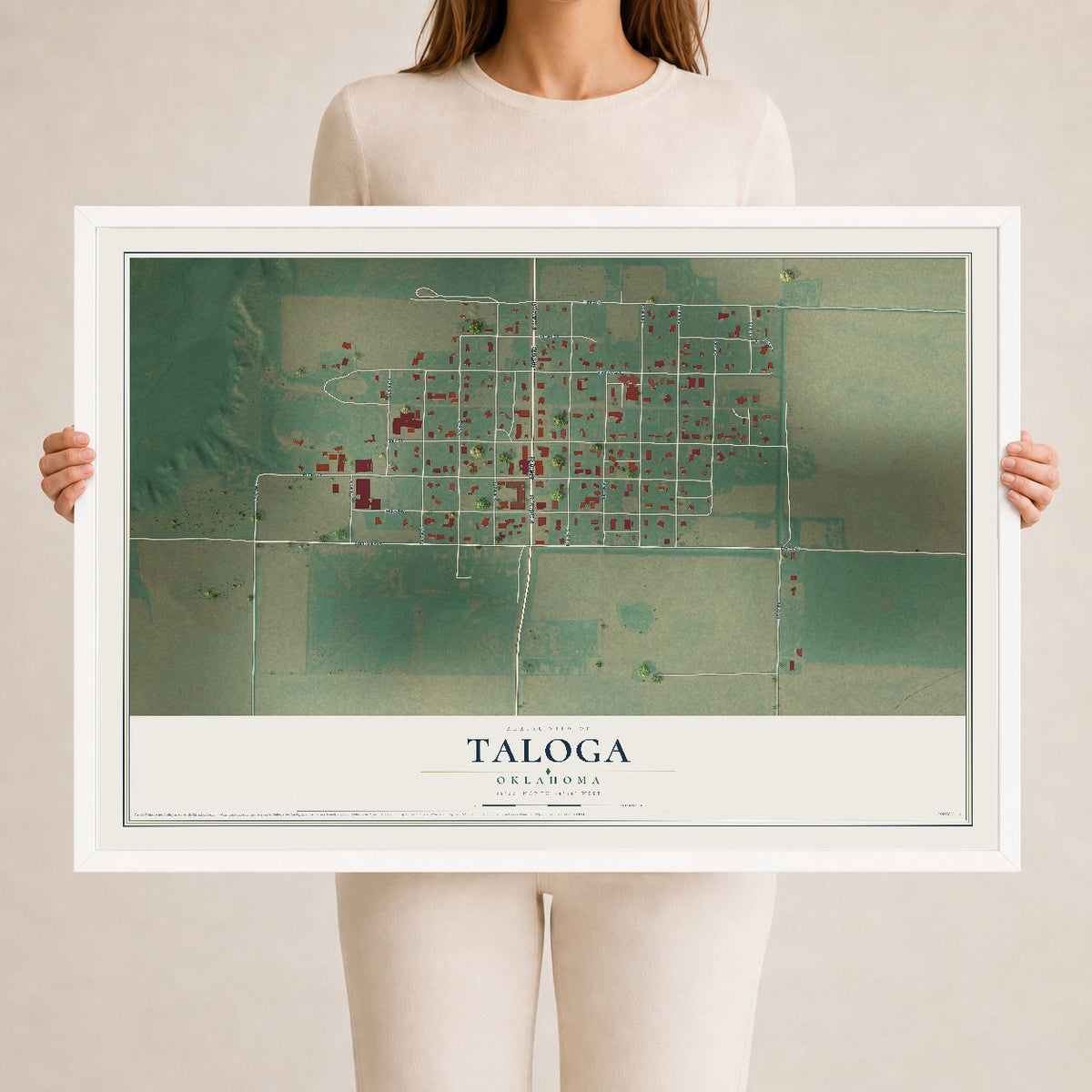 Map of Taloga, Oklahoma, 24 x 36 inch print in a white wood frame