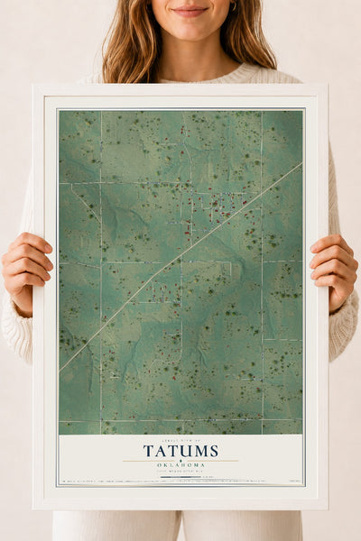 Map of Tatums, Oklahoma, 18 x 24 inch print in a white wood frame