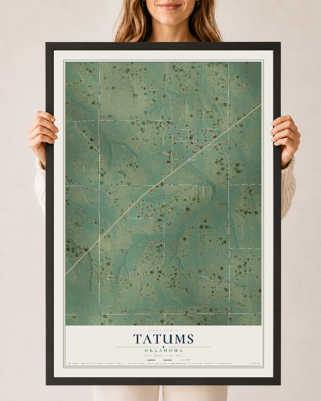 Map of Tatums, Oklahoma, 24 x 36 inch print in a black wood frame