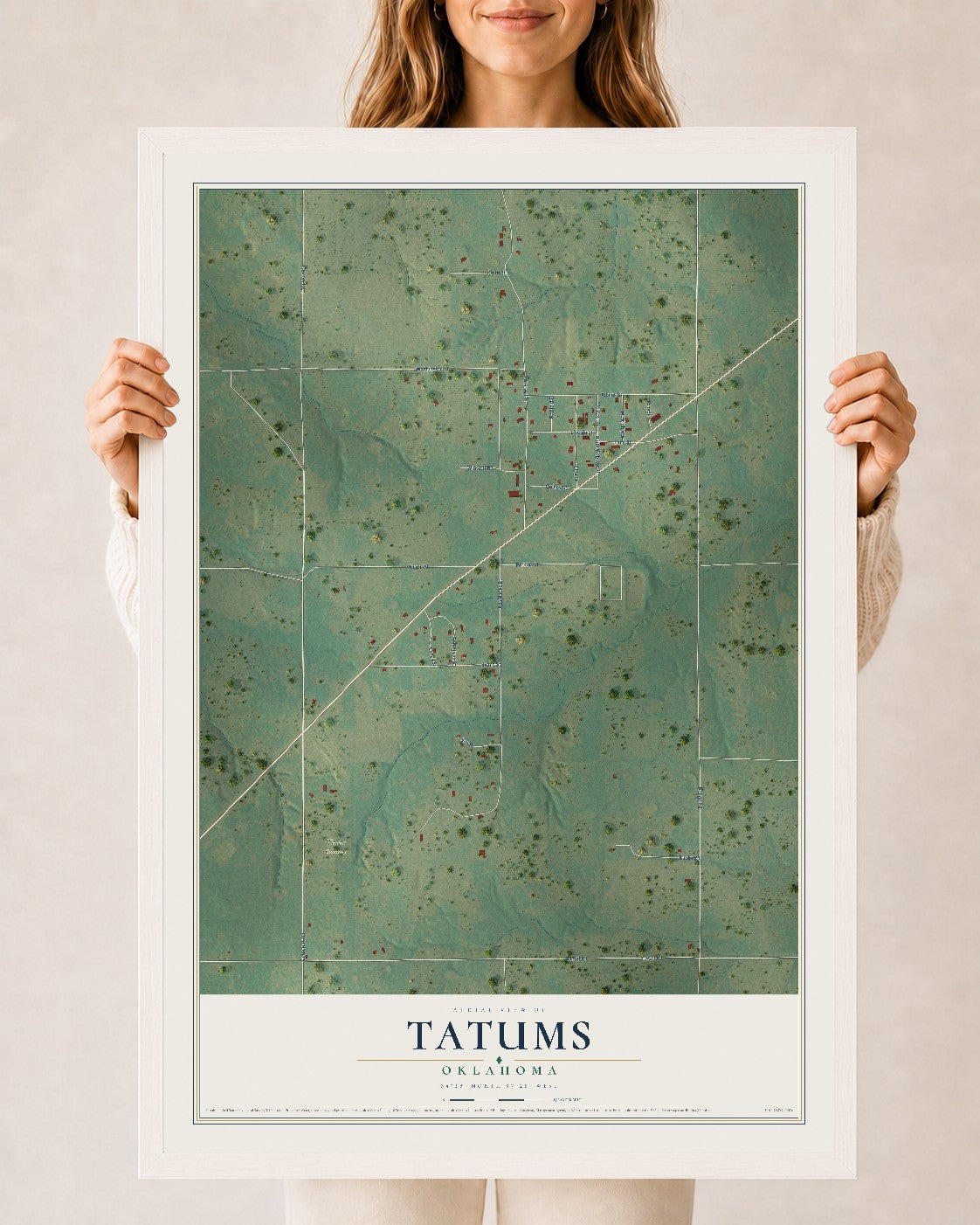 Map of Tatums, Oklahoma, 24 x 36 inch print in a white wood frame