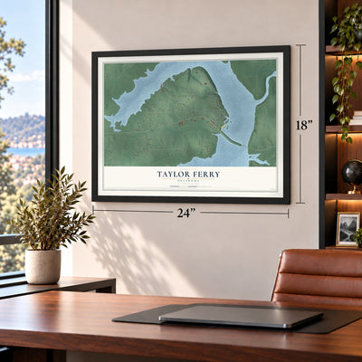 Taylor Ferry, Oklahoma map, 18 x 24 inch print in a black frame in a home office