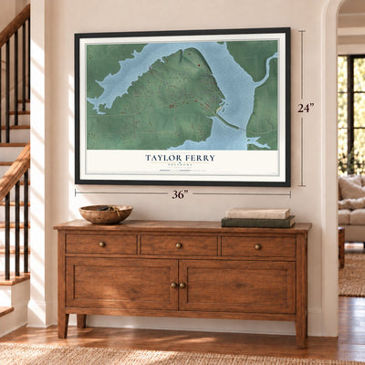Taylor Ferry, Oklahoma map, 24 x 36 inch print in a black frame above a dresser by a staircase