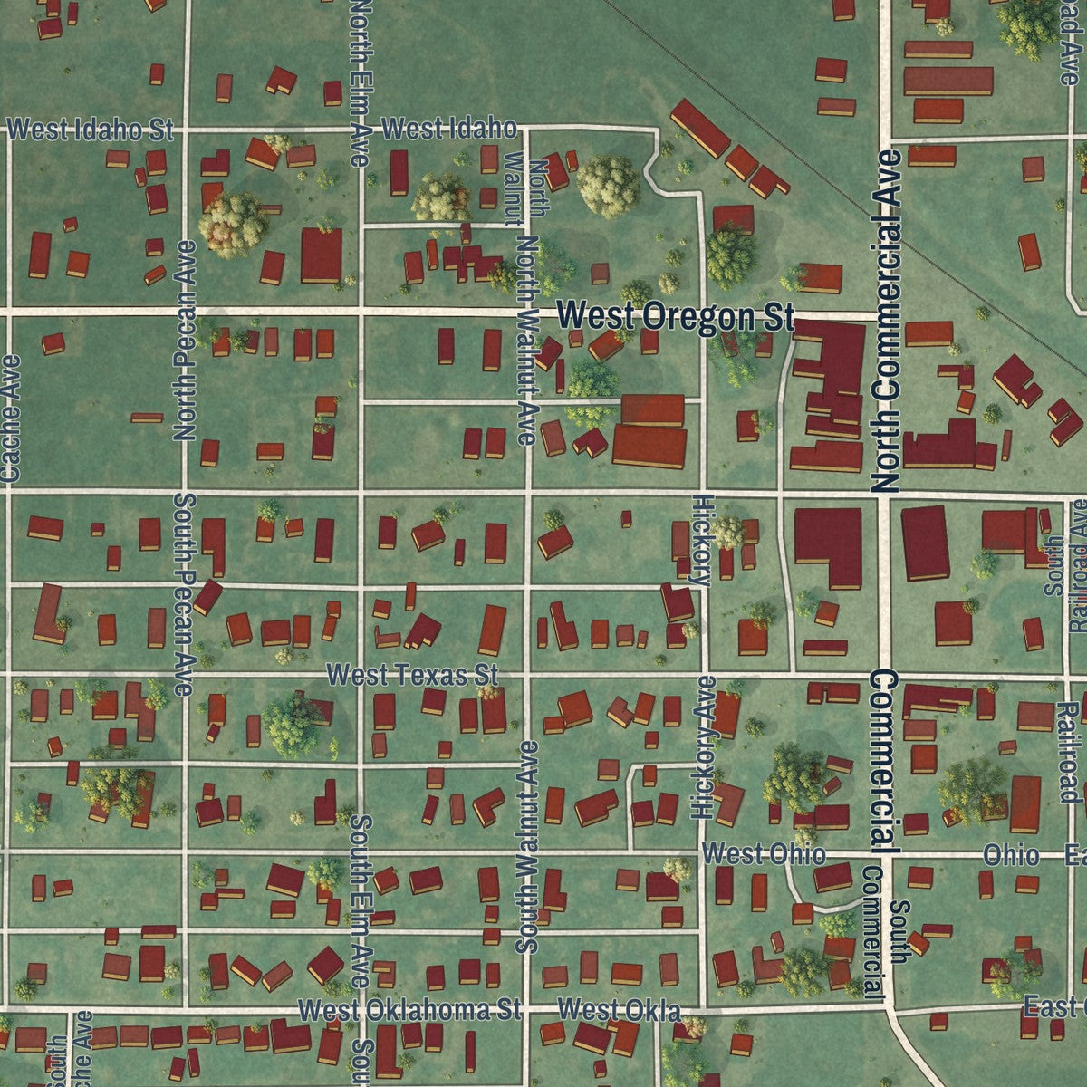 Close-up of the map of Temple, Oklahoma print showing street and building detail