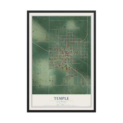 Map of Temple, Oklahoma, 12 x 18 inch print in a black wood frame