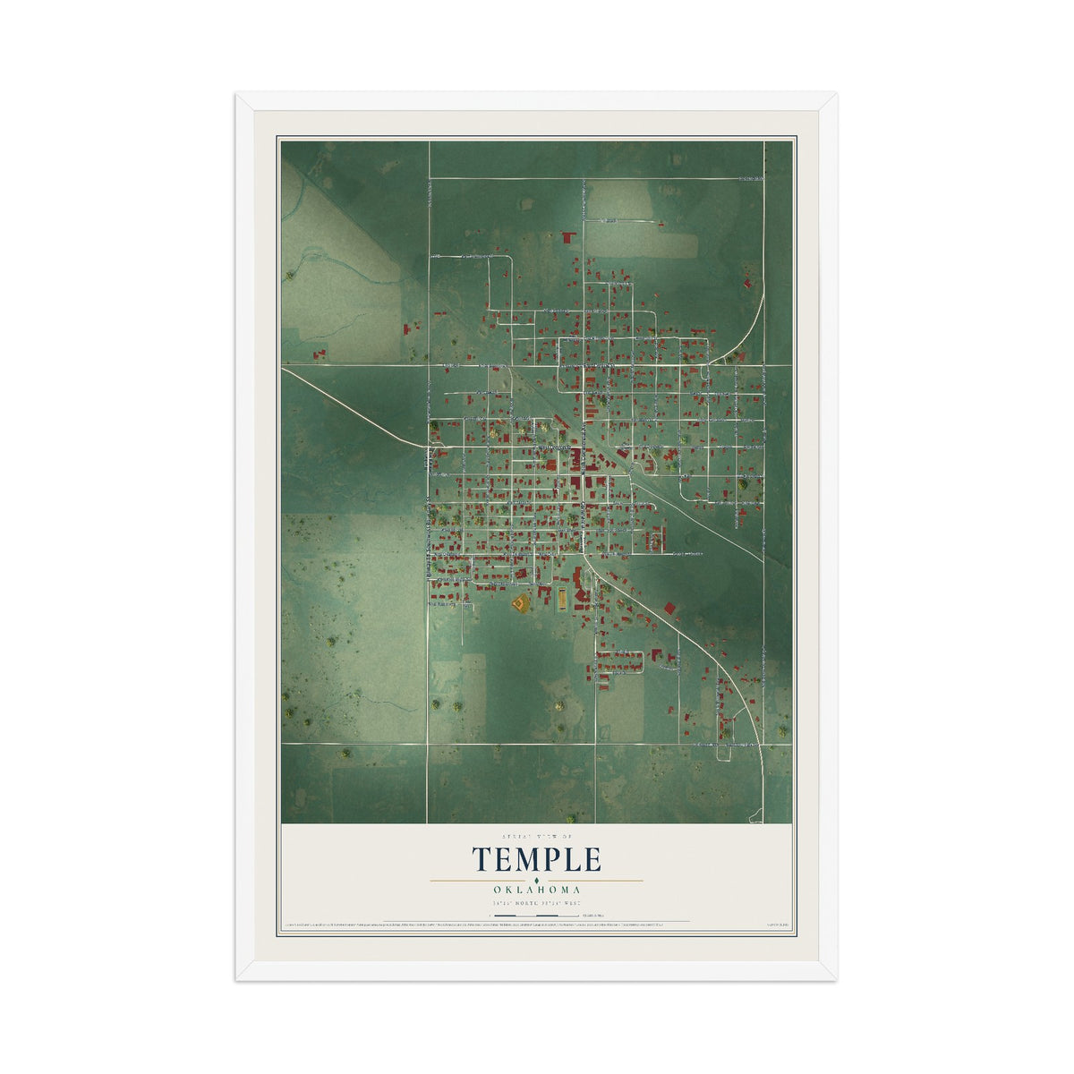 Map of Temple, Oklahoma, 12 x 18 inch print in a white wood frame