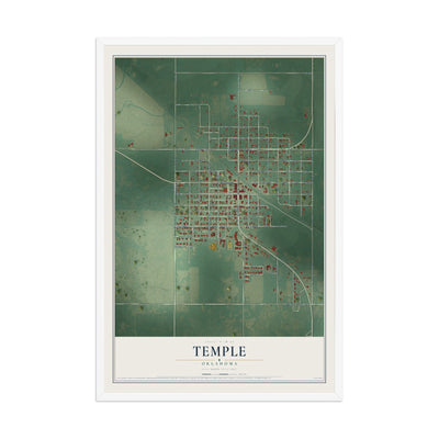 Map of Temple, Oklahoma, 12 x 18 inch print in a white wood frame