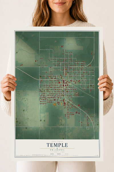 Map of Temple, Oklahoma, 18 x 24 inch unframed archival matte print