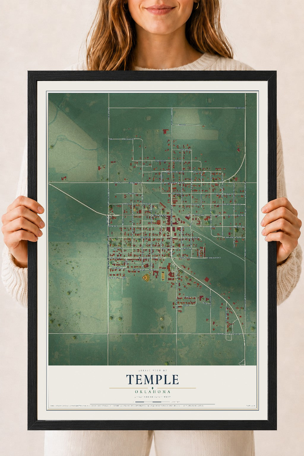Map of Temple, Oklahoma, 18 x 24 inch print in a black wood frame