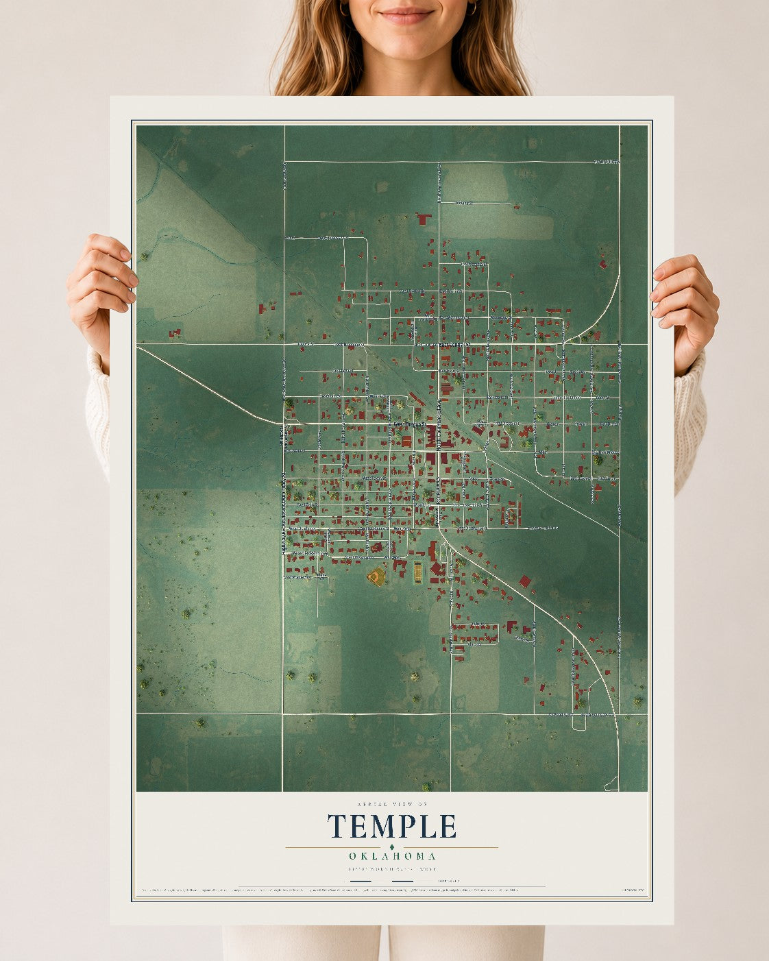 Map of Temple, Oklahoma, 24 x 36 inch unframed archival matte print
