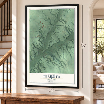 Teresita, Oklahoma map, 24 x 36 inch print in a black frame by a staircase