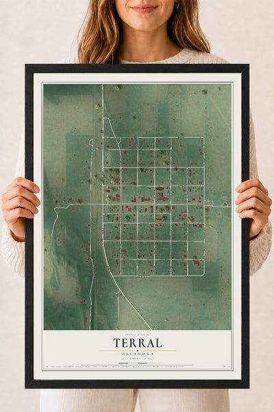 Map of Terral, Oklahoma, 18 x 24 inch print in a black wood frame