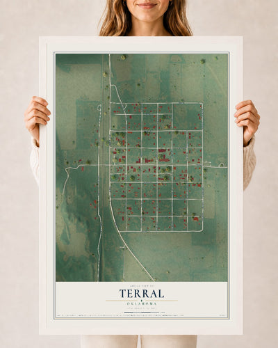 Map of Terral, Oklahoma, 24 x 36 inch print in a white wood frame