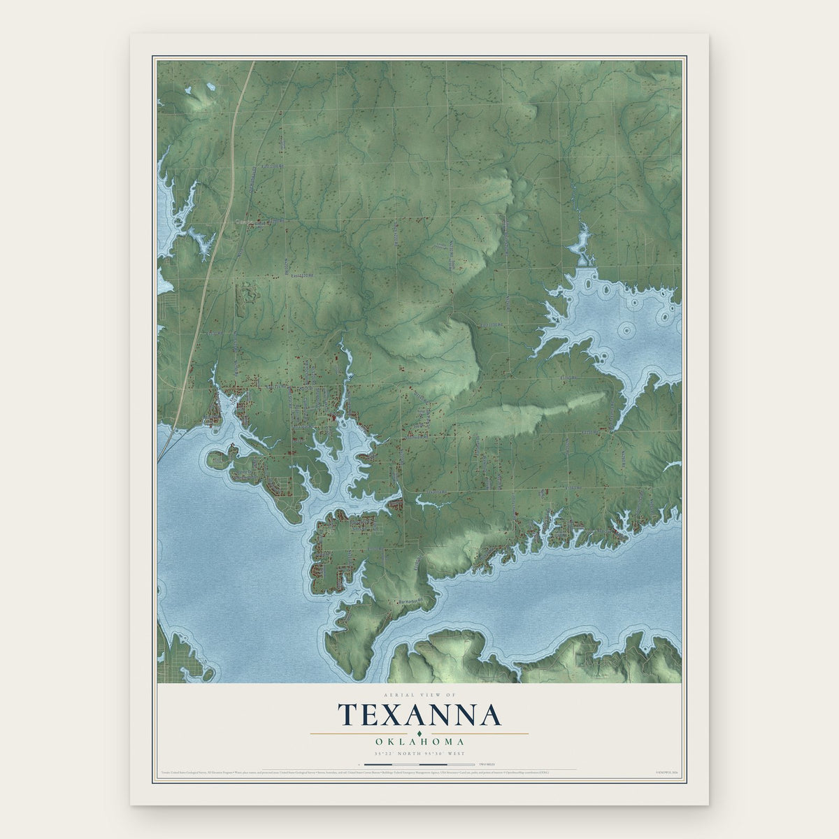 Texanna, Oklahoma map print, the full design