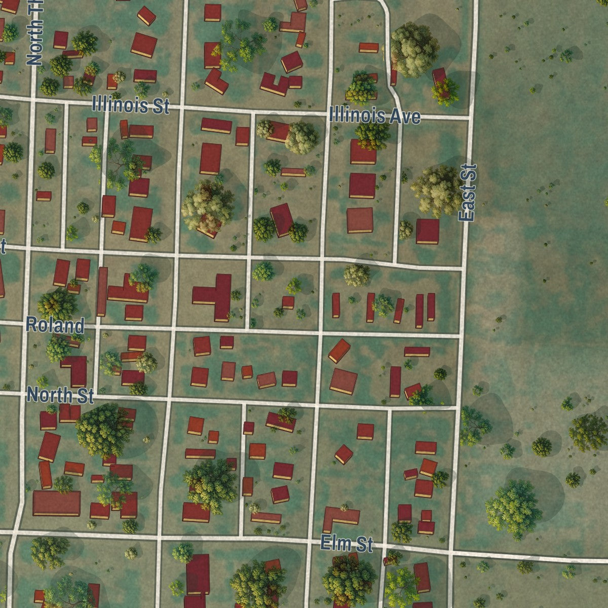 Second close-up of the map of Texhoma, Oklahoma print showing more streets and buildings
