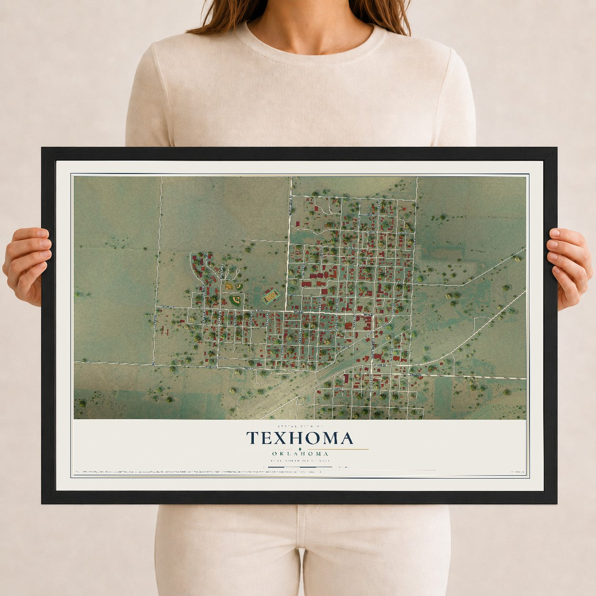 Map of Texhoma, Oklahoma, 12 x 18 inch print in a black wood frame