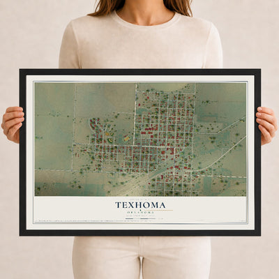 Map of Texhoma, Oklahoma, 12 x 18 inch print in a black wood frame