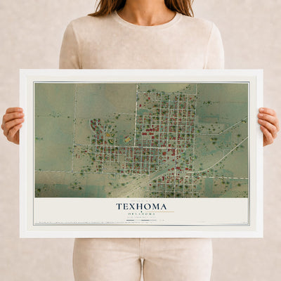 Map of Texhoma, Oklahoma, 12 x 18 inch print in a white wood frame