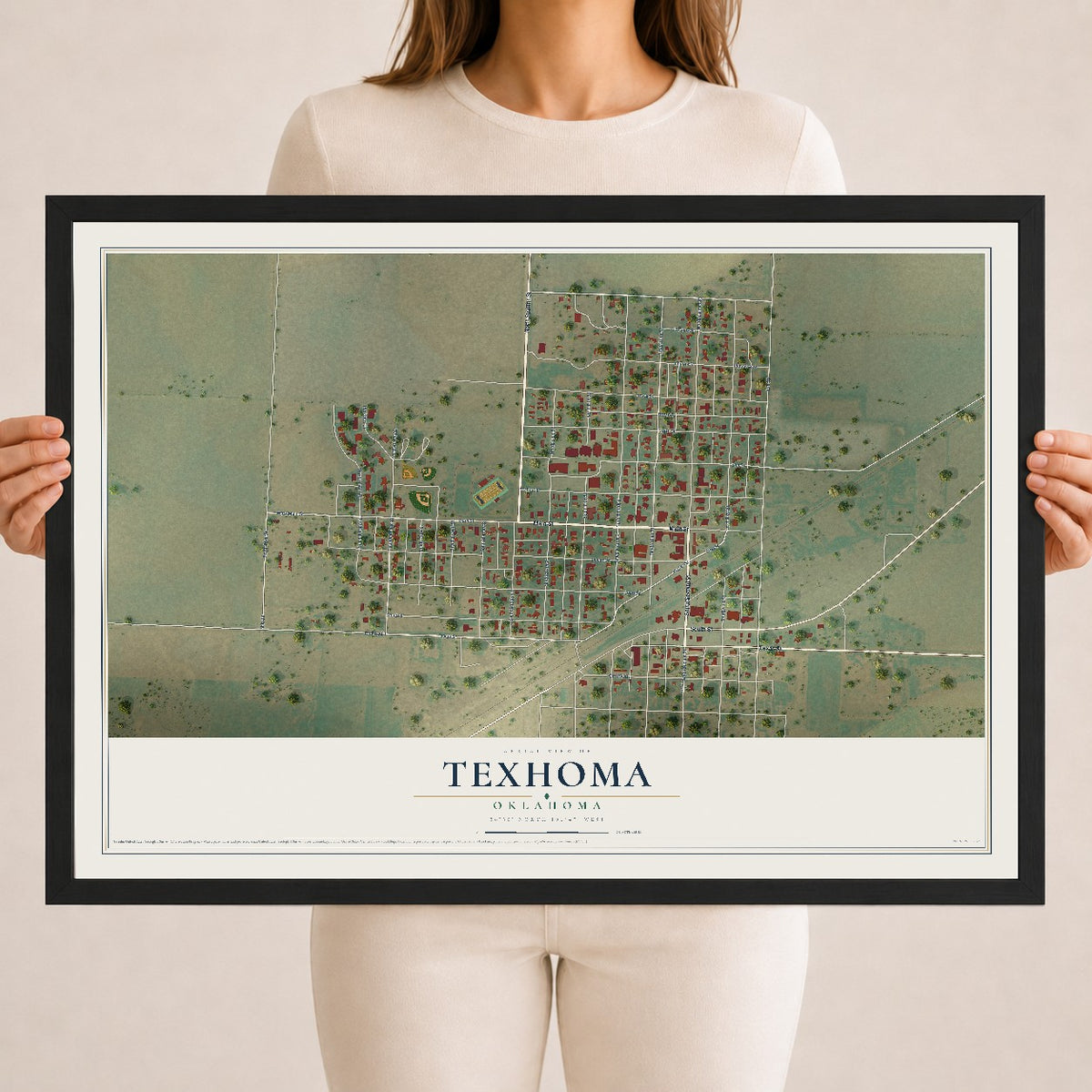 Map of Texhoma, Oklahoma, 18 x 24 inch print in a black wood frame