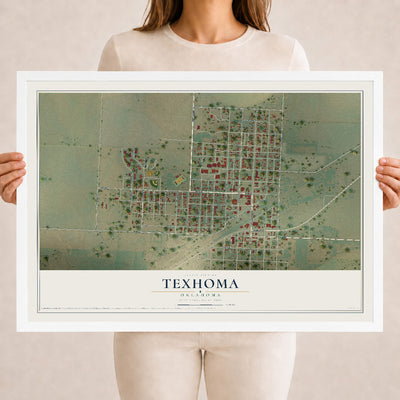 Map of Texhoma, Oklahoma, 18 x 24 inch print in a white wood frame