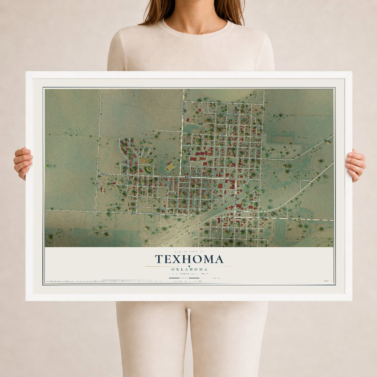 Map of Texhoma, Oklahoma, 24 x 36 inch print in a white wood frame